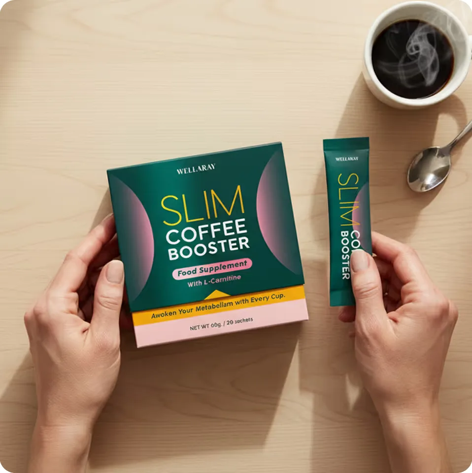 Slim Coffee Booster Box, Portionsstick und Kaffeetasse von oben fotografiert