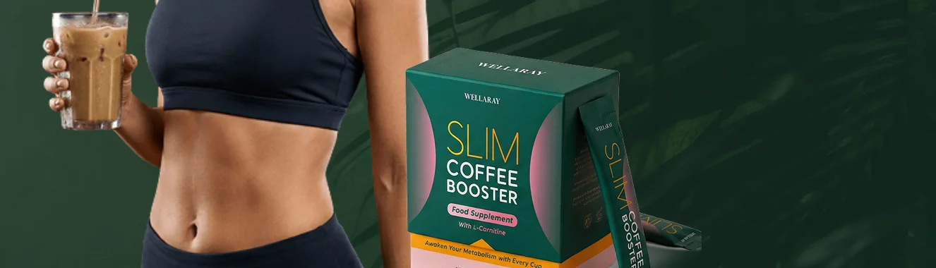 Frau mit Eiskaffee neben der Wellaray Slim Coffee Booster Verpackung